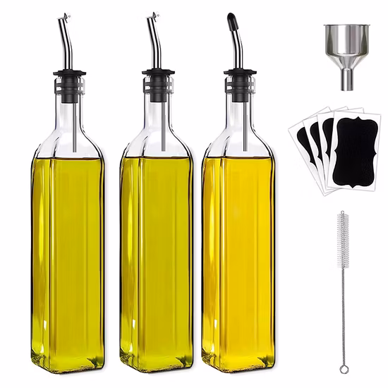 Elegante y Práctico Juego de Dispensador de Aceite y Vinagre (17 OZ) con 1 Botella de Aceite de Oliva con Embudo de Acero Inoxidable