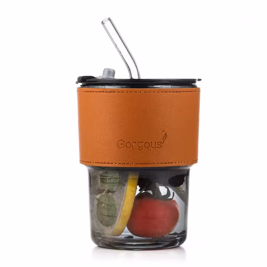 Glass Bamboo Cup with Leather Sleeve Straw Cup Drink Juice Cup Restaurant Beverage Cup Cold Drink Coffee Cup