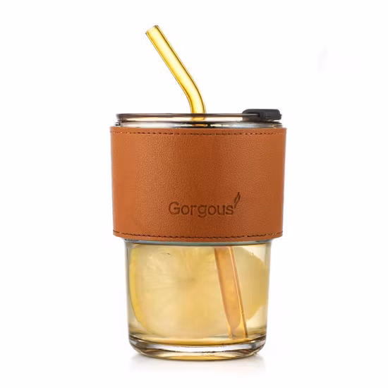 Glass Bamboo Cup with Leather Sleeve Straw Cup Drink Juice Cup Restaurant Beverage Cup Cold Drink Coffee Cup